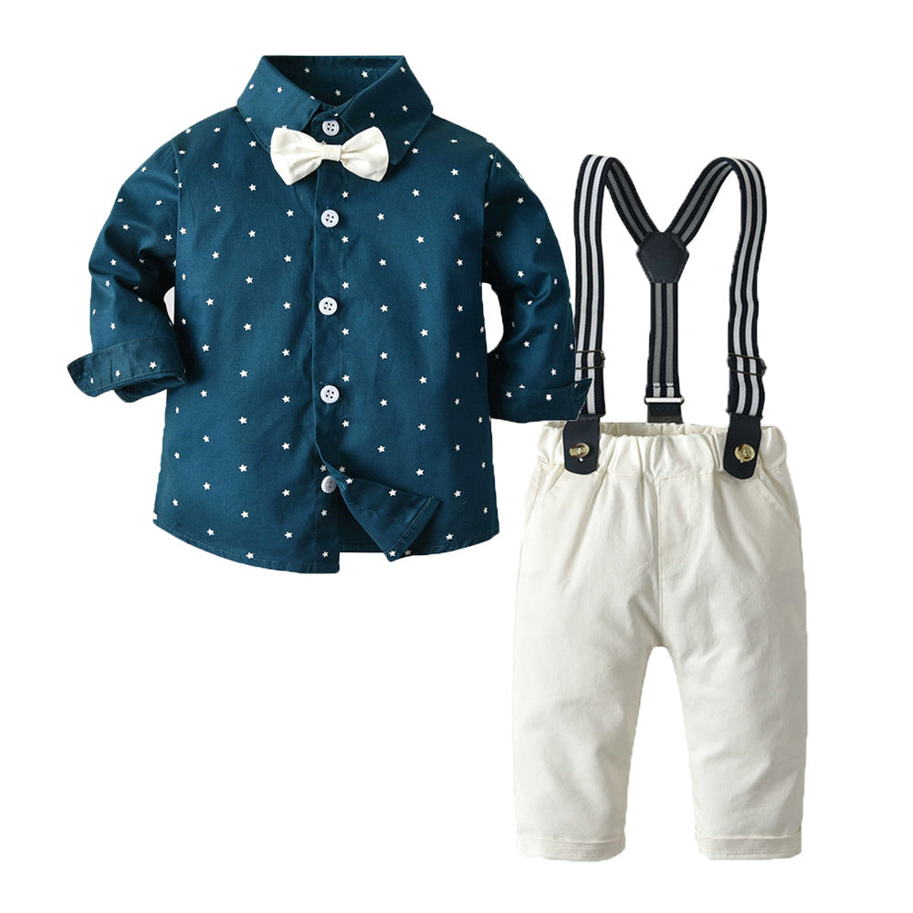 Exportautumnew arrivalchildren's suitkids star printing suspenders boyslong sleevesshirt first birthday dress personalized