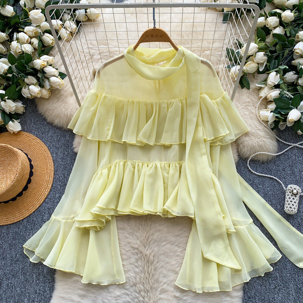 French chic ruffle chiffon blouse - women's summer long sleeve pink commute top - elegant sun protection shirt
