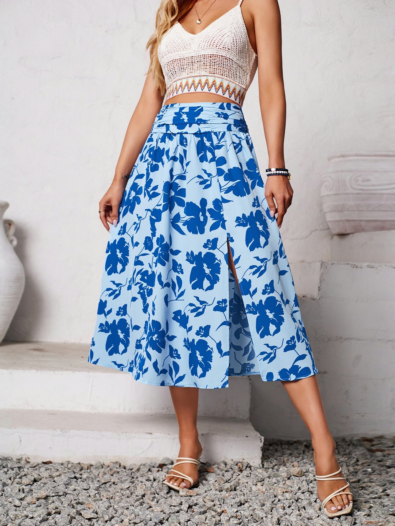 Shanuo independently designs and shoots new women's clothing in Europe, America,  summer casual collection, flower printing skirt