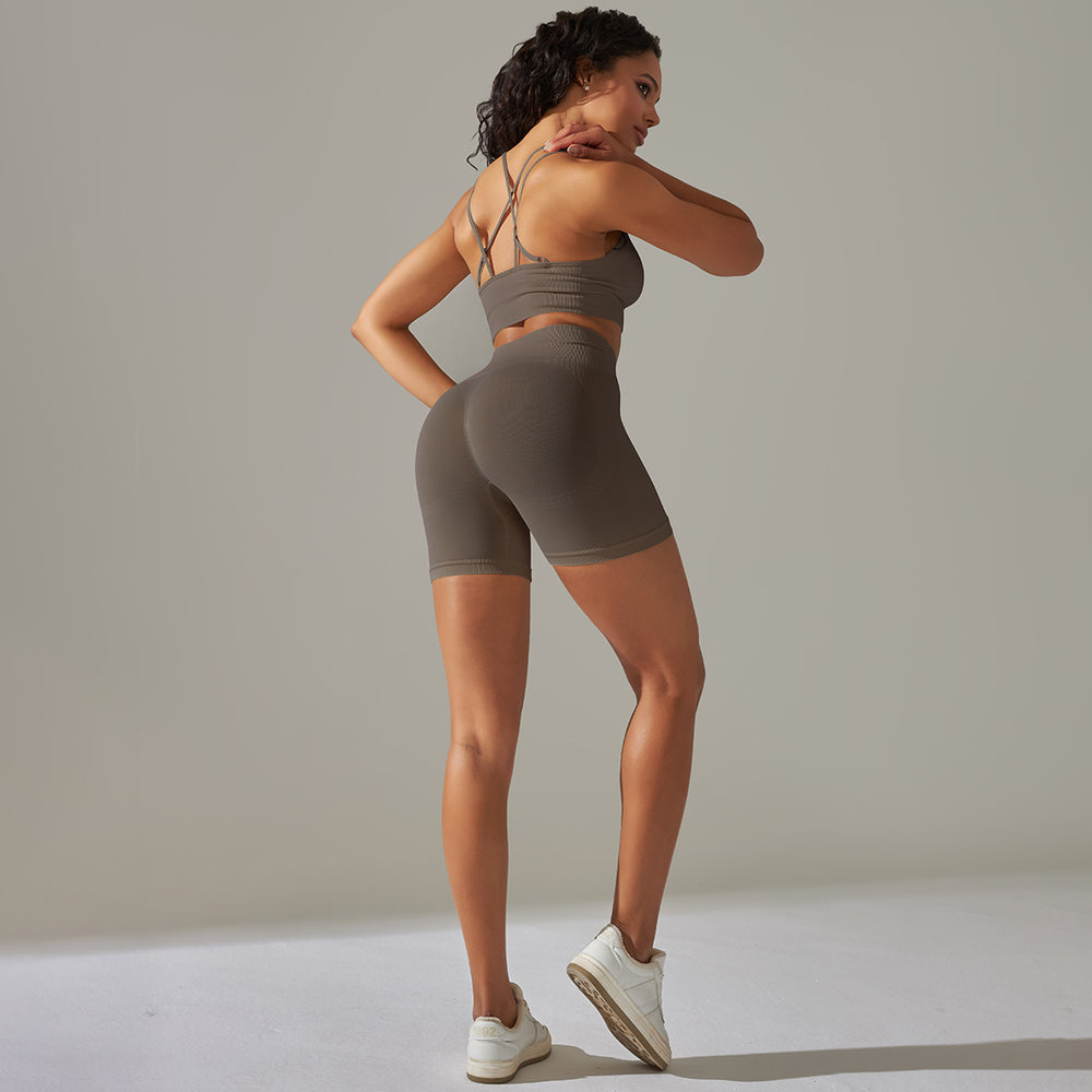 fashion seamless tight cross back sports intimates yoga suit running fitness shorts two-piece set