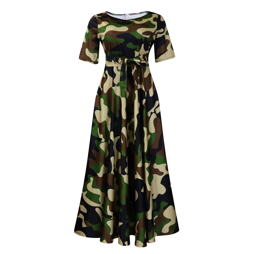 D3266 cross-border women's clothing  new fashion elegant lace-up african large size short-sleeved large swing foreign trade dress