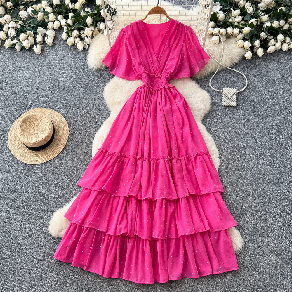 Frenchv neck red polka dot elegantdress women's summer waist slimming look a-line cake skirt dopamine style