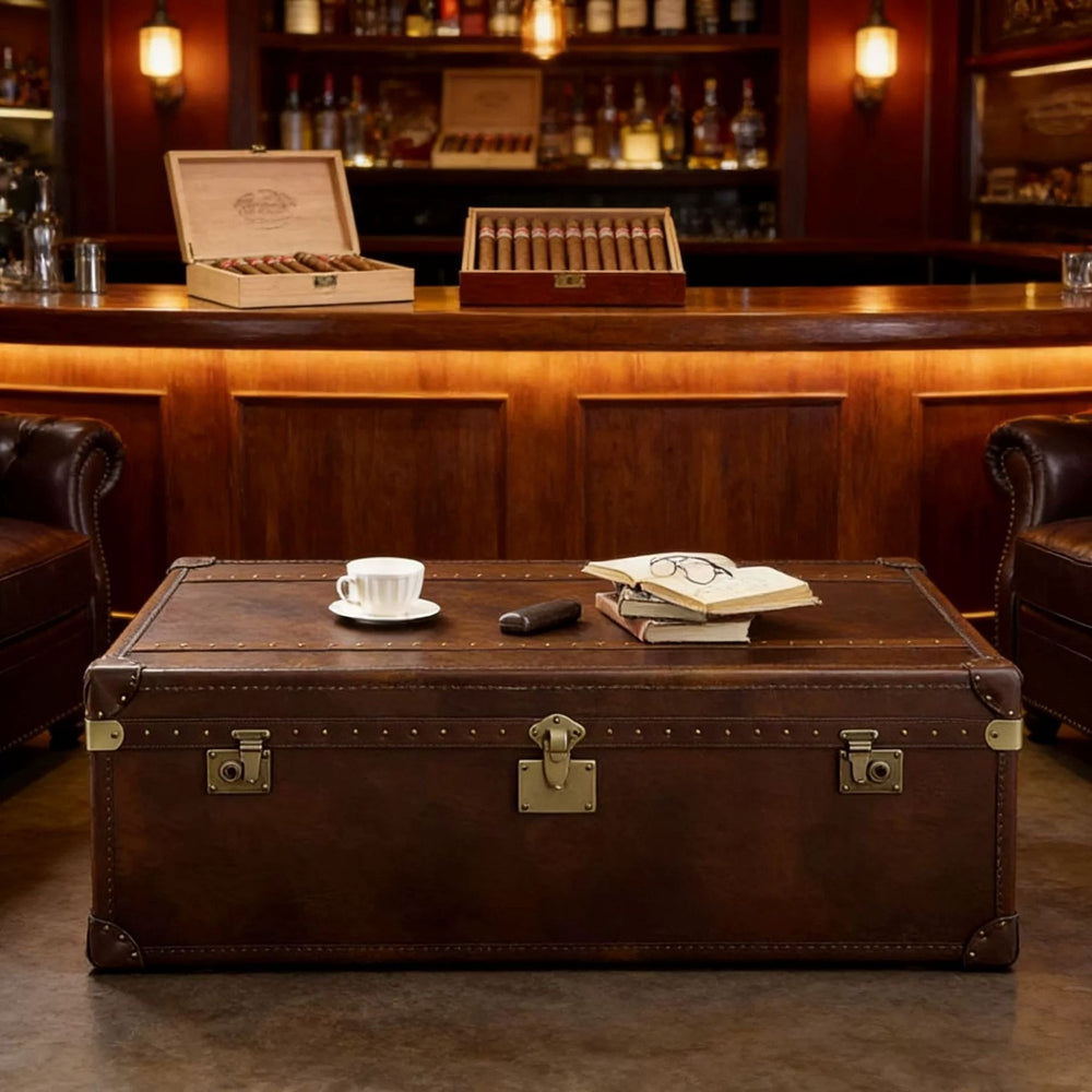 American retro oil wax genuine leather coffee table, villa living room high-end storage box, vintage style storage coffee table, cigar bar