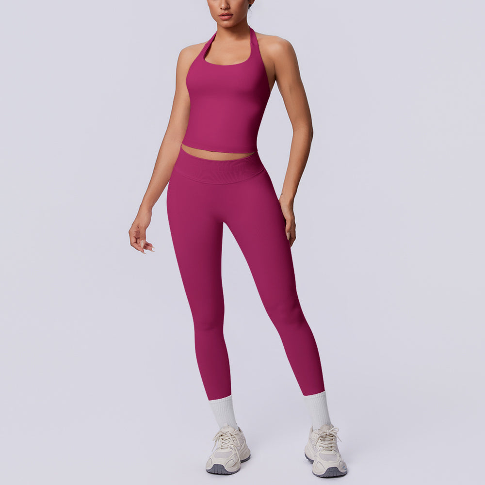 New arrival cross-border seamless pure color halter back tight-fitting suit sports running fitness yoga clothes two-piece set