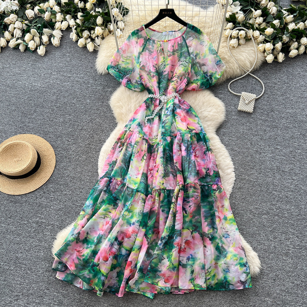 French chic v-neck floral dress - women's summer korean style short sleeve slimming a-line maxi dress - vacation ready