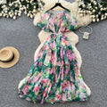 French chic v-neck floral dress - women's summer korean style short sleeve slimming a-line maxi dress - vacation ready