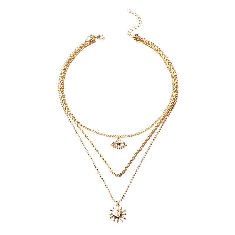 Bohemian multi-layered necklace for women retro sunflower pendant niche style stacked clavicle chain accessories choker necklace