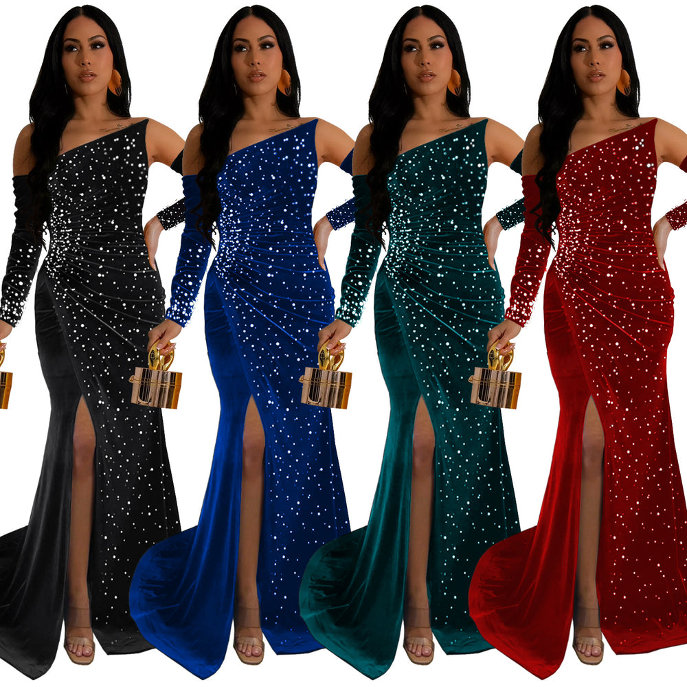 C7289 cross-border   fashion sexy slit dress luxury beading hot diamond evening dress