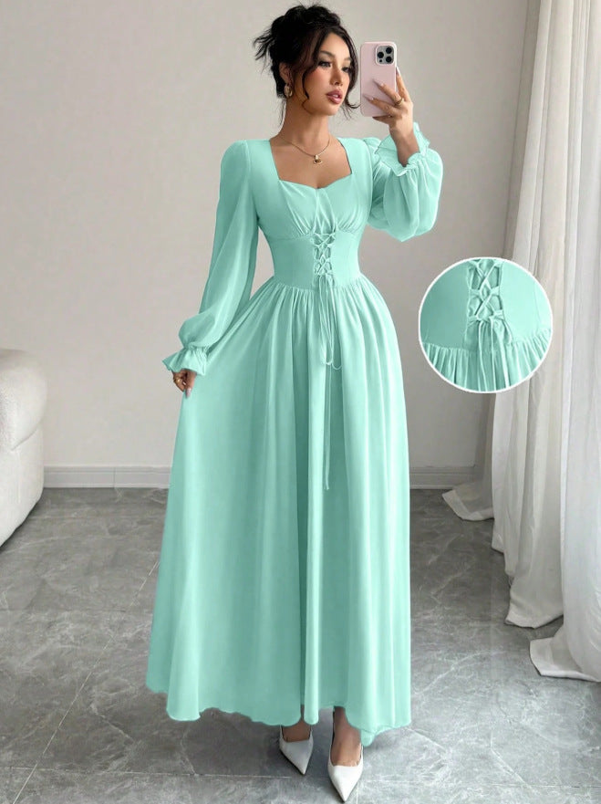 Fashion cross-border  overseas hot style mint green waist simple pure color square collar long sleeves large hem version long skirt