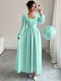 Fashion cross-border  overseas hot style mint green waist simple pure color square collar long sleeves large hem version long skirt