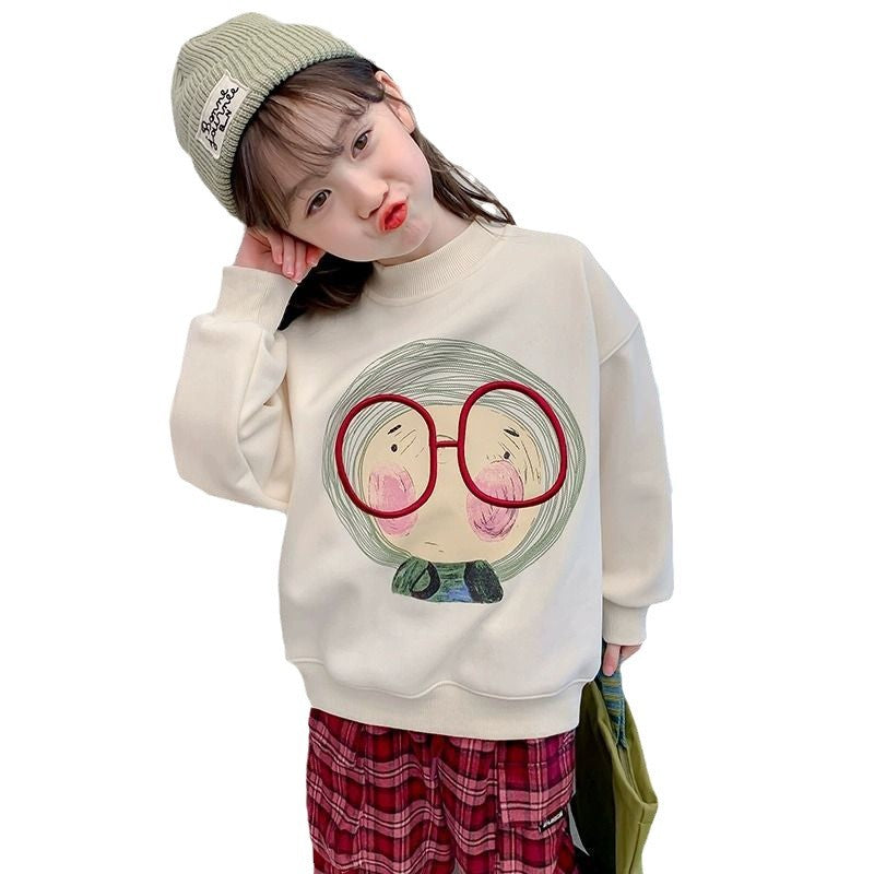 Girls' winter fleece-lined sweatshirt,  new stylish kids' autumn/winter thickened round neck top for little girls