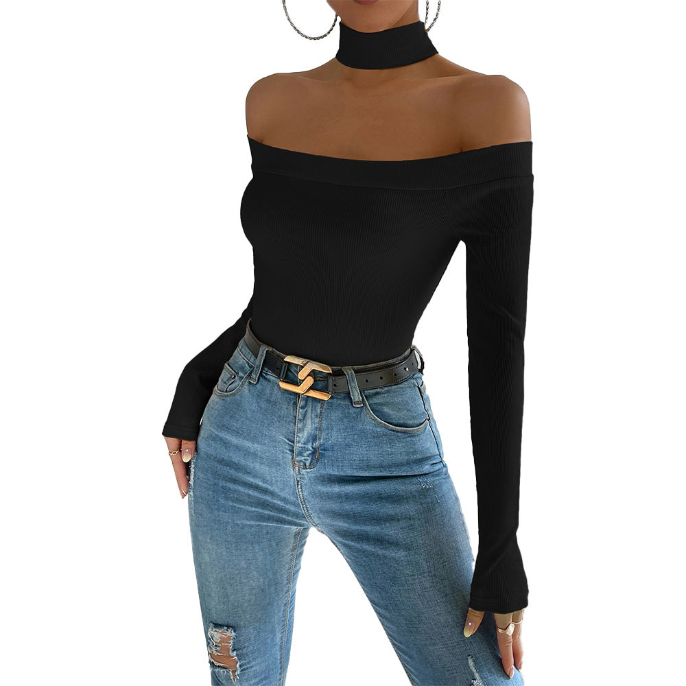 european and american women's clothing  fall/winter new sexy off-the-shoulder slim-fit knitted long-sleeve t-shirt - versatile and chic top