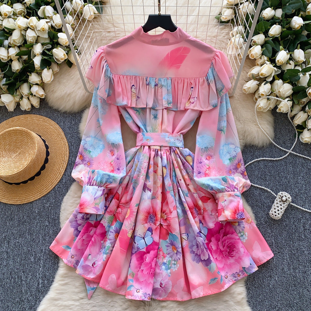 spring export fashion elegancerufflestie back waist printinglong sleeves a-line dress palace style skirt