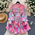 spring export fashion elegancerufflestie back waist printinglong sleeves a-line dress palace style skirt