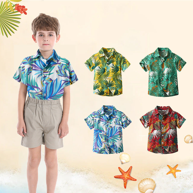 children's clothing, new boys' short-sleeved shirts, vacation beach style floral shirts, boys' short-sleeved shirts, children's shirts for boys, summer