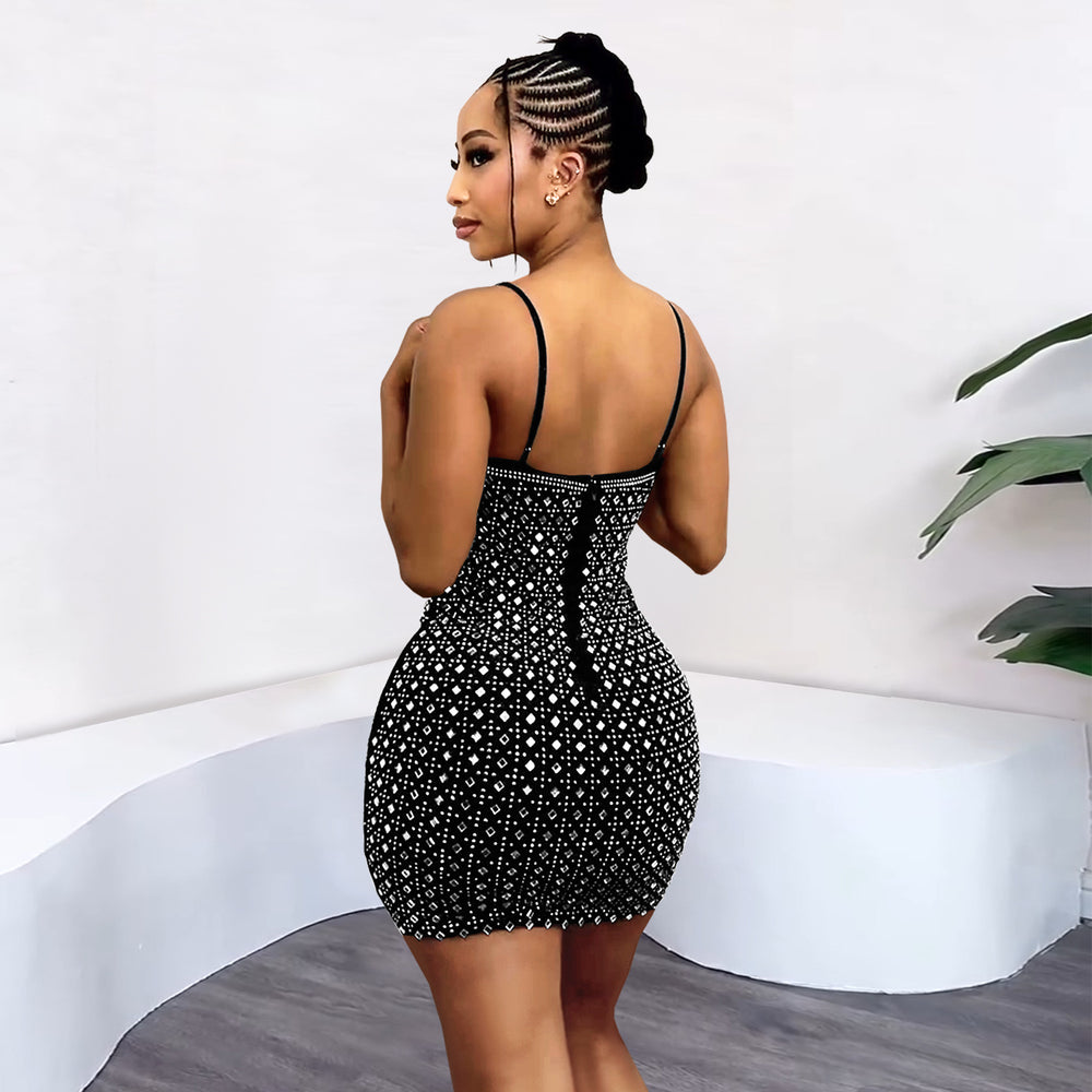 C7400 cross-border   fashion women's rhinestone sleeveless cami bodycon mini dress