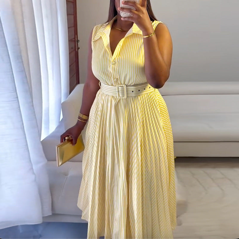 European and american cross-border women's fashion:  summer new arrival - elegant and stylish striped lapel tie-up pleated sleeveless dress