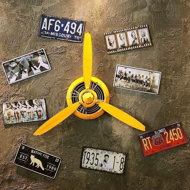 Retro industrial style wall clock - propeller airplane head design - creative home decor wall hanging iron art e18