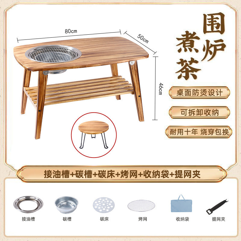 Household outdoor multifunctional solid wood desktop stove foldable storage barbecue grill barbecue stove camping style stove tea table
