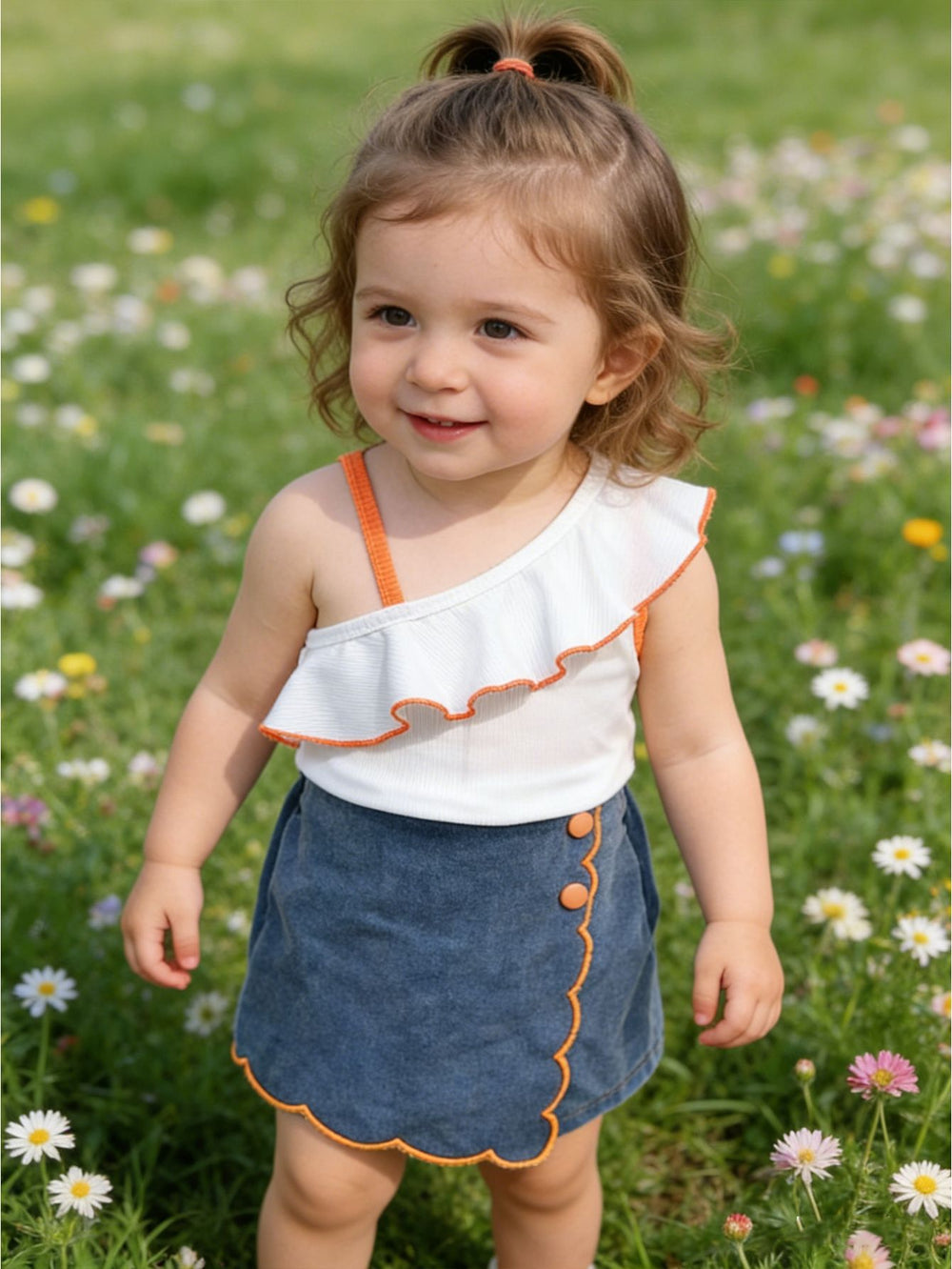 cross-border girls' fashion ruffle one-shoulder cami top + irregular embroidered floral denim jeans two-piece set