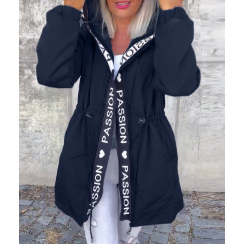 fashionwinternew arrivalcasual hooded drawstring zipper flap pocket pantsletter cotton jacketoutwear women's clothing
