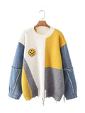 European and american style cross-border autumn/winter denim sleeve color block smiley face loose pullover sweater round neck knitted base layer top for women