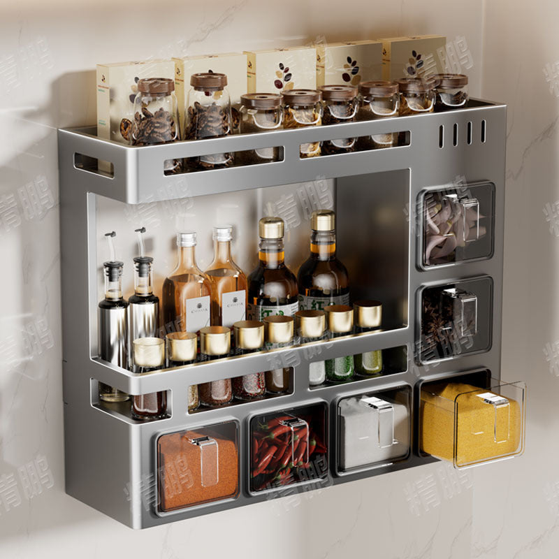 No punching kitchen seasoning rack multi-functional wall-mounted household oil, salt, sauce and vinegar storage box seasoning jar