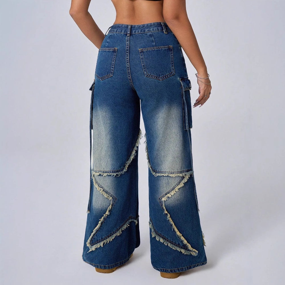 Pre-sale 15768#  cross-border foreign trade women's fashion ins retro five-pointed star workwear denim pants