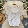 Korean style ribbon hollow-out polka dot knit top - women's summer, skin-friendly, breathable, short sleeve, v-neck, slimming, versatile, and youthful top