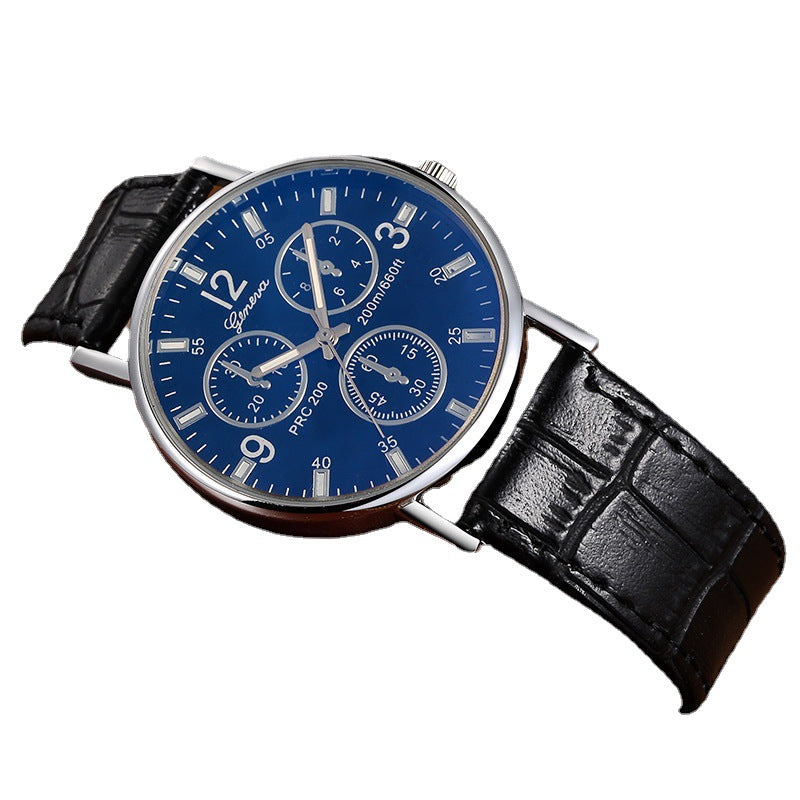 Stylish business gift three-eye men's quartz watch with blue light glass and leather strap
