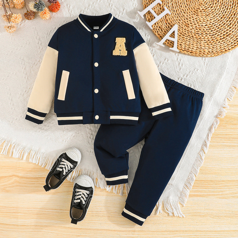 european and american cross-border new autumn collection: boys' two-piece baseball outfit with patchwork sleeves - long sleeve top and pants - hot seller