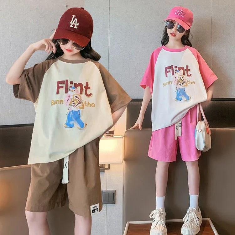 Girls' summer outfit set:  new trendy & stylish short-sleeve summer clothes for girls, popular two-piece activewear set