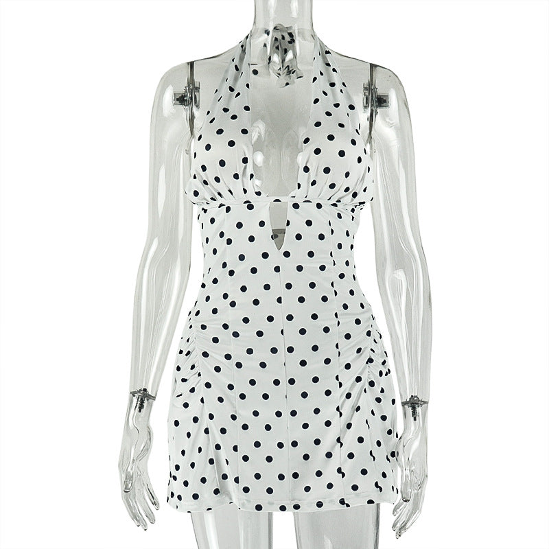 European and american style cross-border fashion polka dot print slimming sexy a-line dress deep v-neck sleeveless halter neck cinched waist mini dress