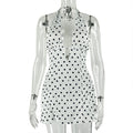 European and american style cross-border fashion polka dot print slimming sexy a-line dress deep v-neck sleeveless halter neck cinched waist mini dress