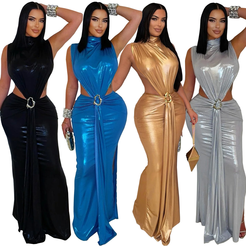 C7476 cross-border   fashion women's sexy elegant high neck sleeveless slit dress