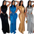 C7476 cross-border   fashion women's sexy elegant high neck sleeveless slit dress