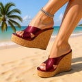 2026 korean style patent leather spring platform wine red ultra high heel sandals vacation chunky sole wedge heel height increasing slides