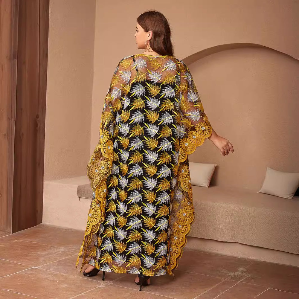 Plus size ethnic style lace embroidered batwing maxi dress african women's two-piece set - high quality