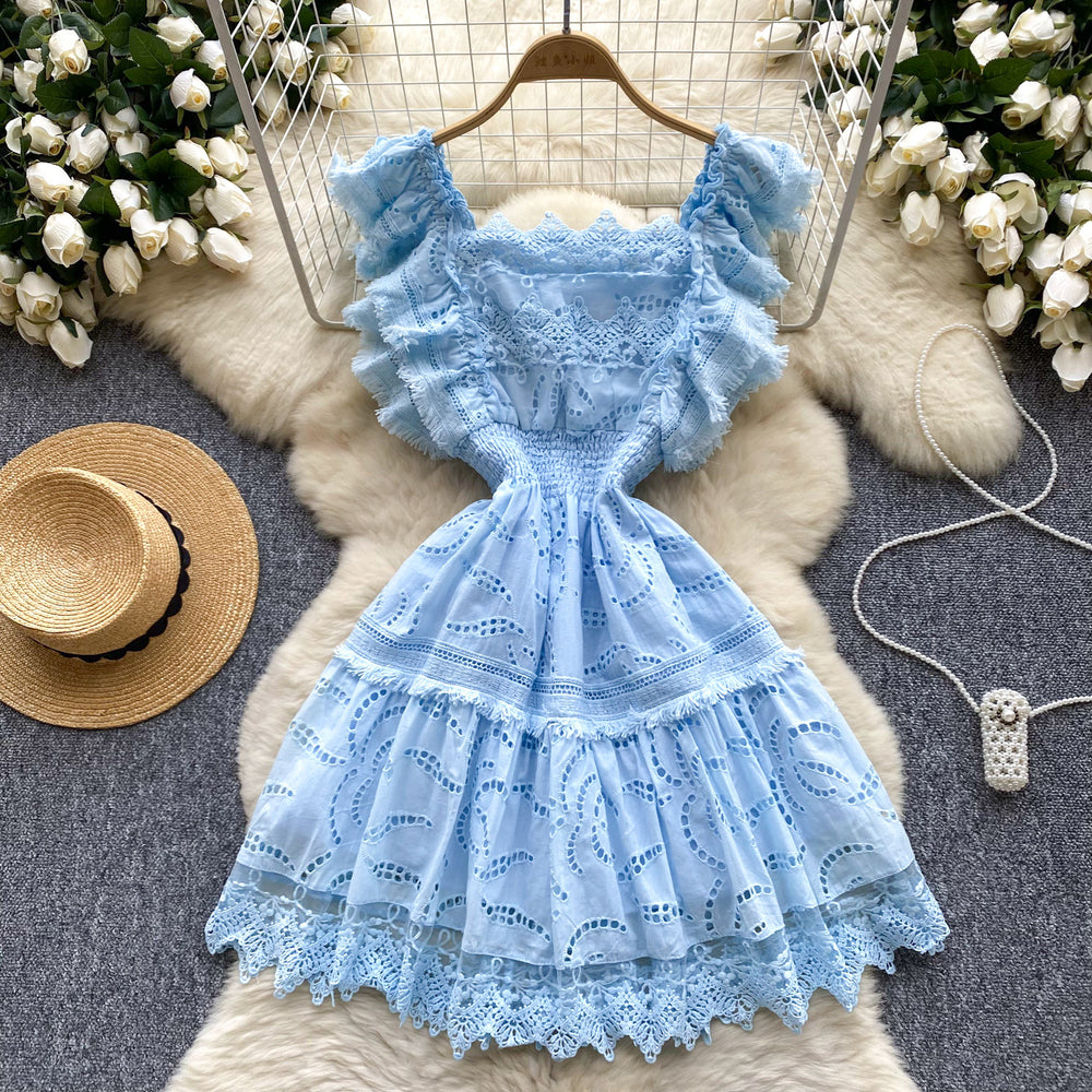 Gentle style elegantdress women's summer french heavy industry laceembroider waist slimming look small flying sleeve dress