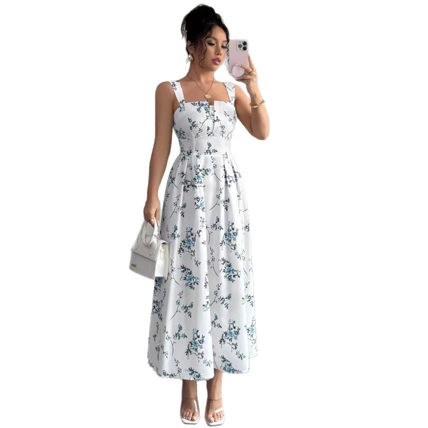 autumn european and american  cross-border e-commerce new solid color sleeveless square neck printed backless slit dress