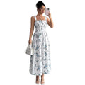 autumn european and american  cross-border e-commerce new solid color sleeveless square neck printed backless slit dress