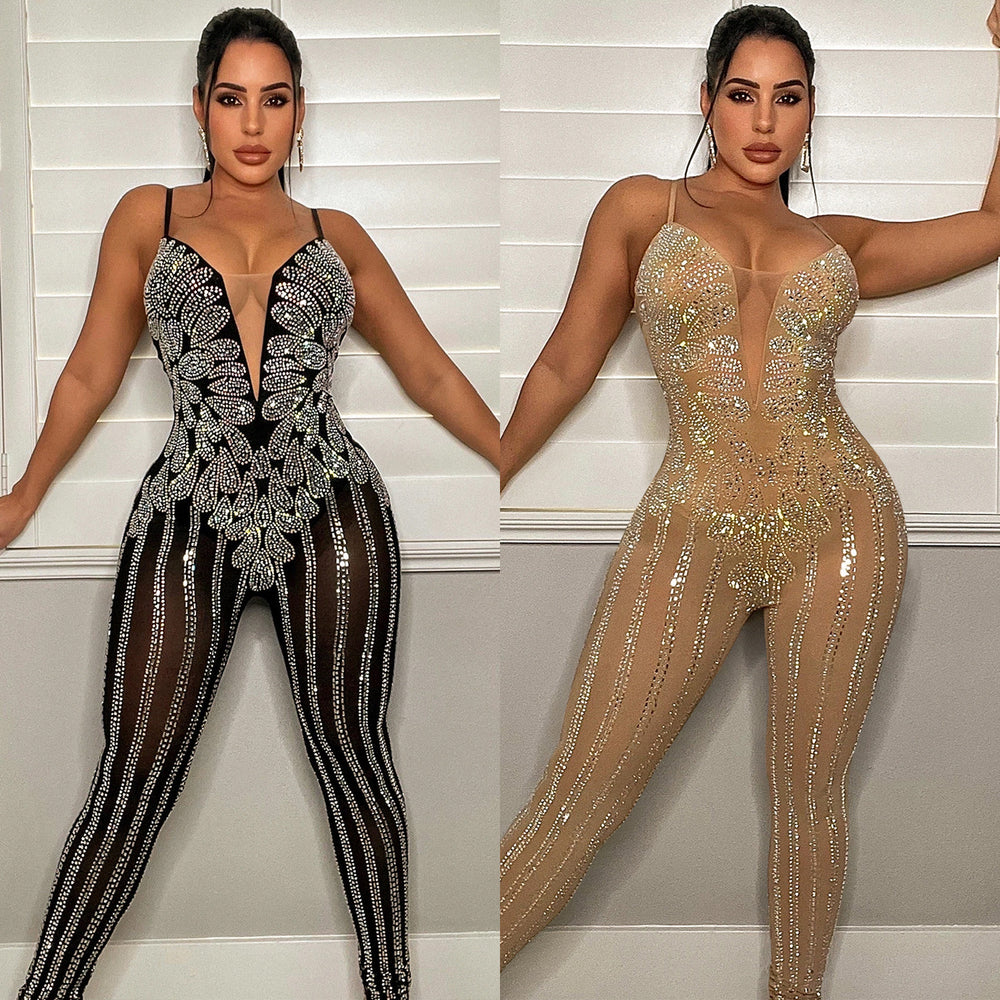 C5866 cross-border fashion nightclub mesh rhinestone see-through suspender jumpsuit women's clothing for  and