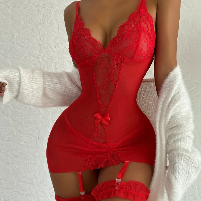 new women's mesh lingerie set - lace trim mesh babydoll with garter clips - wholesale