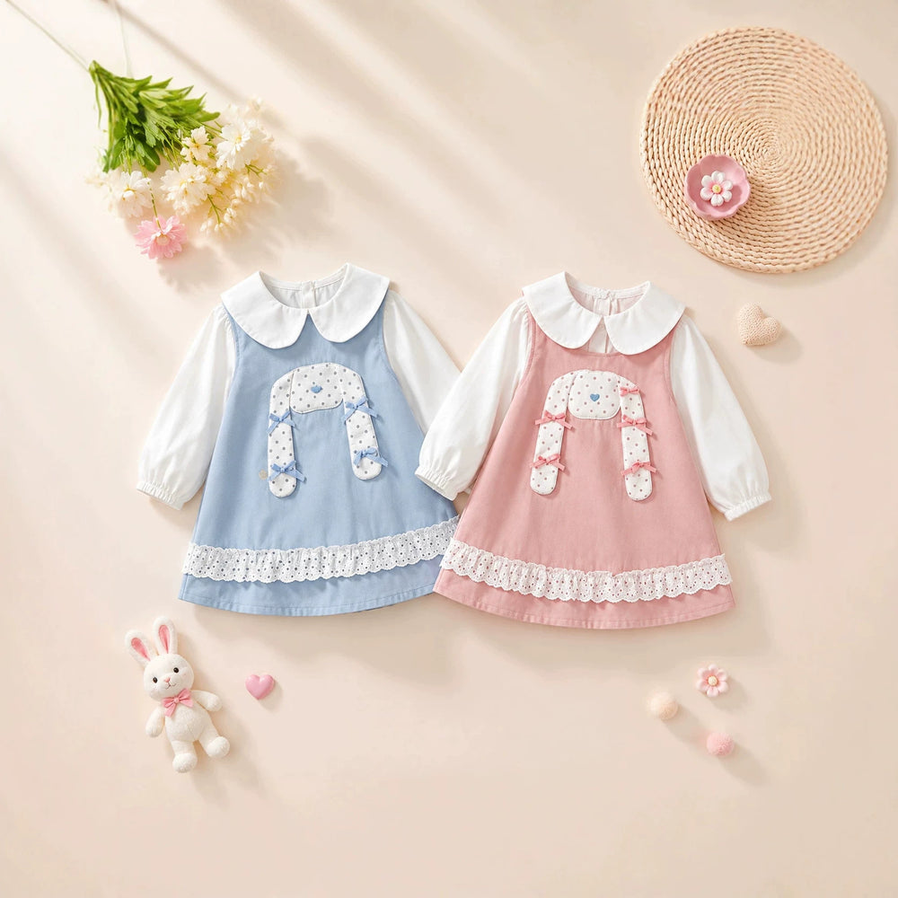 Girls' dress - spring/autumn  new collection - baby girl faux two-piece doll collar princess dress - stylish bunny dress for toddlers