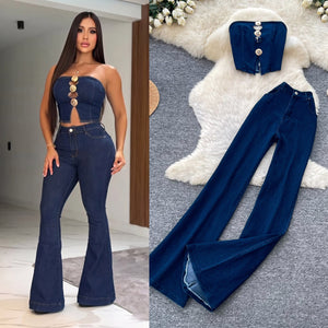 Spicy girl denim two-piece set: women's summer american retro bandeau tank top and flare leggings high-waisted minimalist denim outfit