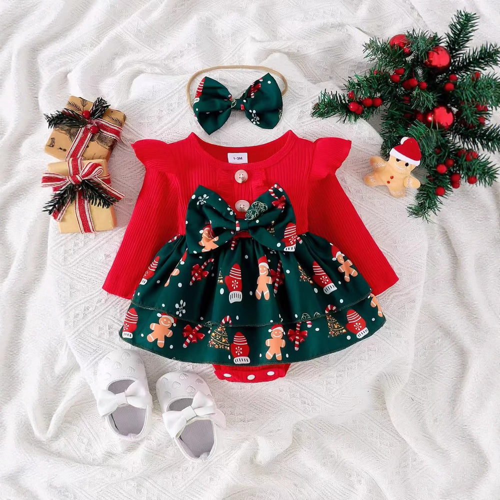 foreign trade christmas element long-sleeved jumpsuit european and american infant pit strips flying sleeves embroidered santa claus printing