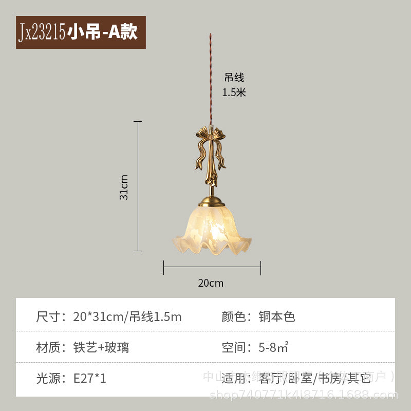 French retro bow brass small pendant wall lamp 3d ceramic flower pleated fabric bedroom bedside light