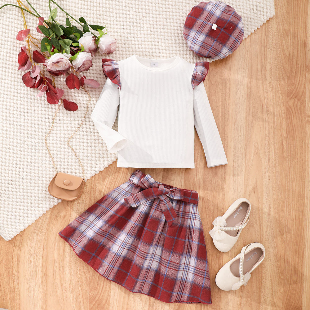 Kids' long-sleeve ruffle-trimmed plaid skirt set - clearance sale