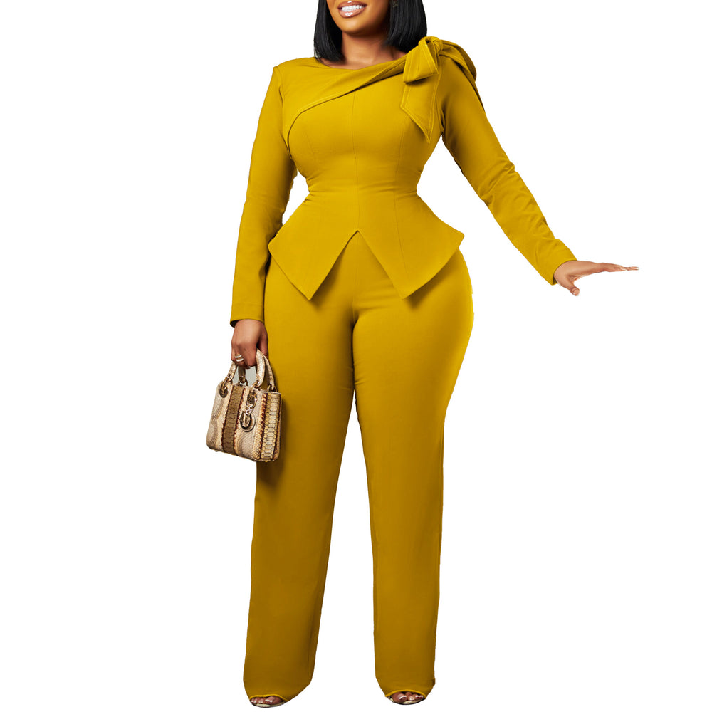 D546  fashion women's winter new arrival: stylish and elegant solid color long sleeve top and pants african print set