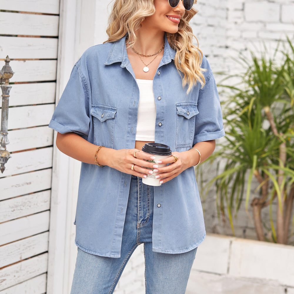 Fashion cross-border trade   independent station new arrival slimming look denim single-breasted short-sleeved casual shirt for women